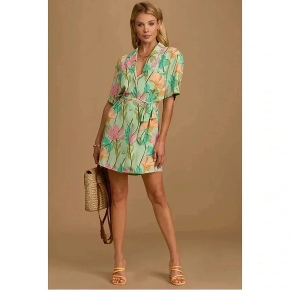 Lulus Totally Tropical Light Green Floral Print Button-Up Shirt Dress Small - Picture 1 of 13